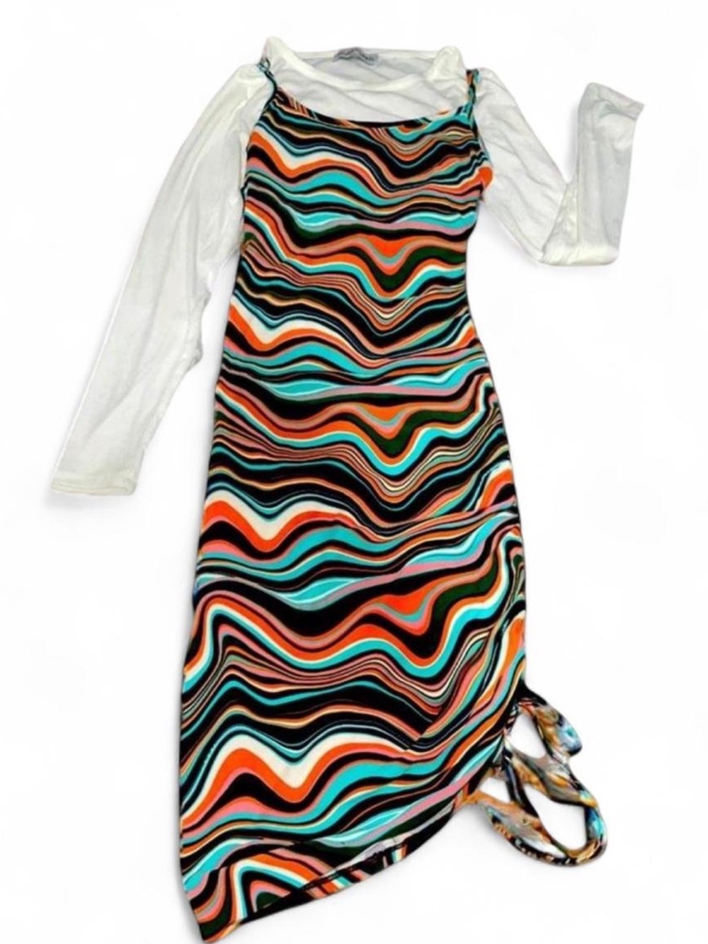 Y2K Swirl Print Ruched Midi Dress Asymmetrical Hem Retro - Picture 2 of 7